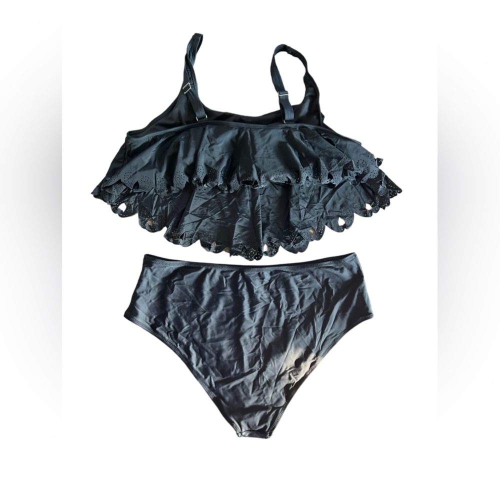 Plus size 4X black bikini set high rise bottom flounce ruffle front NWT